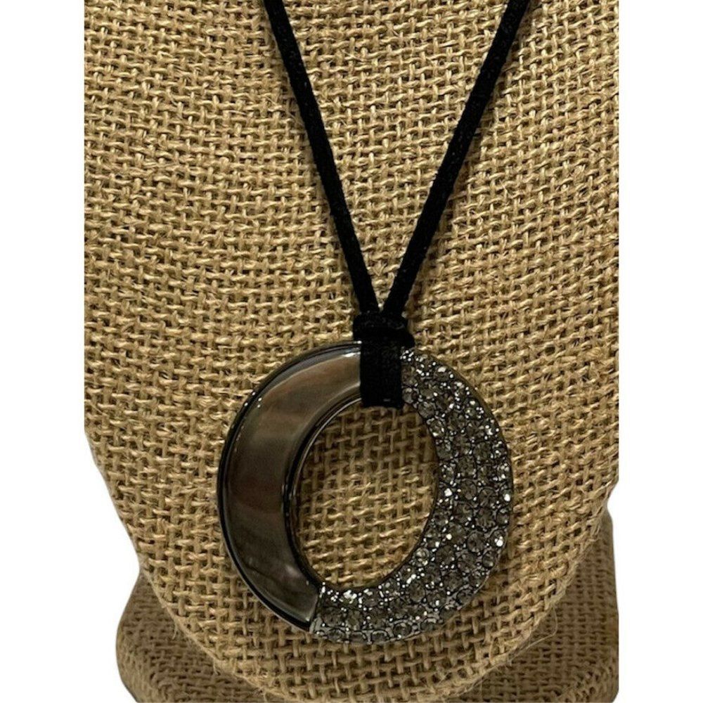 Lia Sophia Kiam Family necklace hematite rhinestone circle pendant Leather Cord